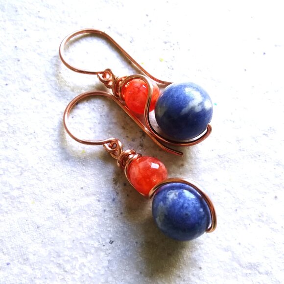 Denim Days Earrings: Sodalite, Fiery Agate & Copper Wire Wrap @ OOAK Fall Combo - Picture 8 of 11